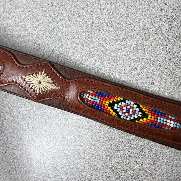 REI Beaded Leather Belt 30 Brown Colorful Stitched Western Southwest *No Buckle - Picture 3 of 11